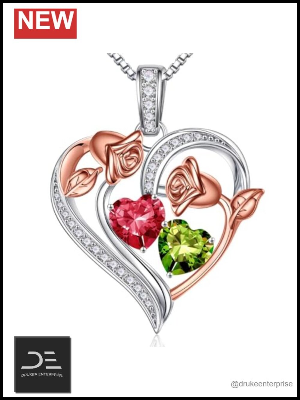 925 Sterling Silver Rose Heart Pendant Necklace 21" Anniversary Birthday Gift